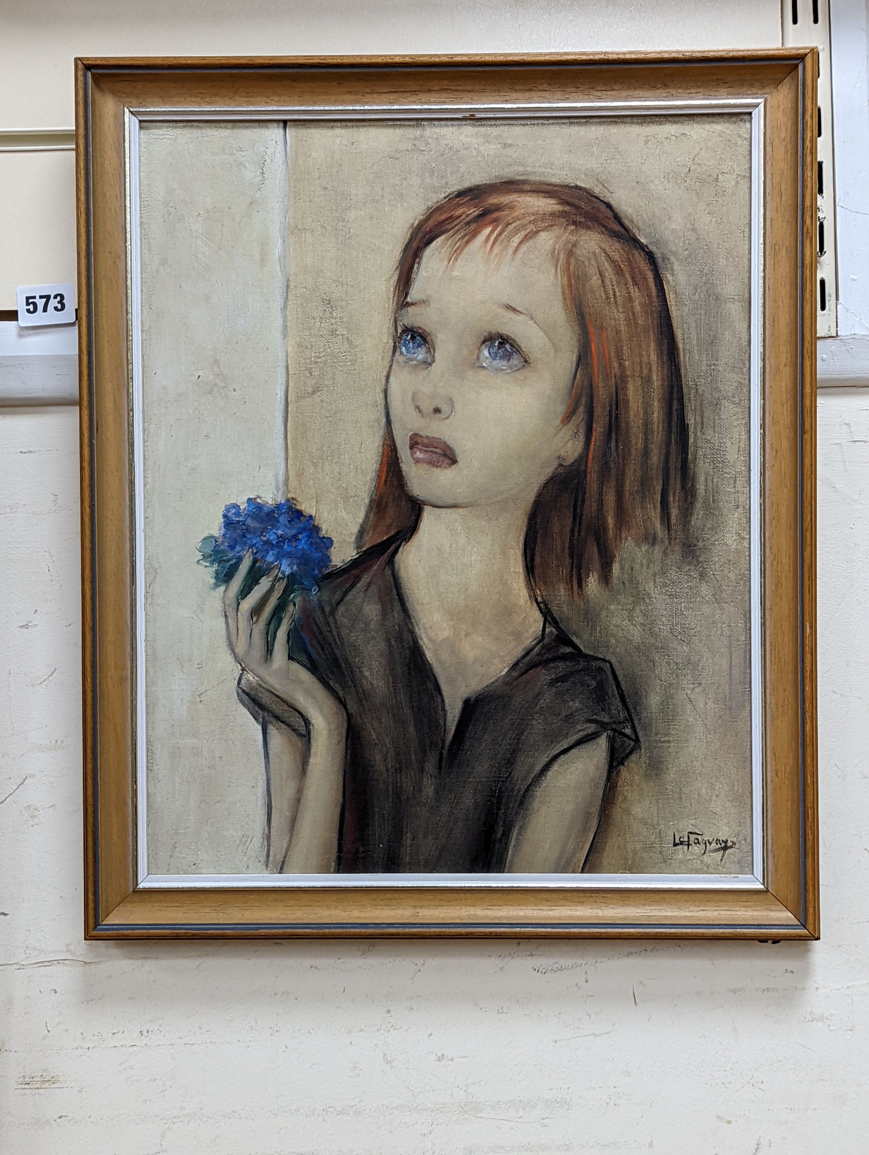 Le Faguays, oil on canvas, Girl holding a posy of flowers, signed, 40 x 32cm